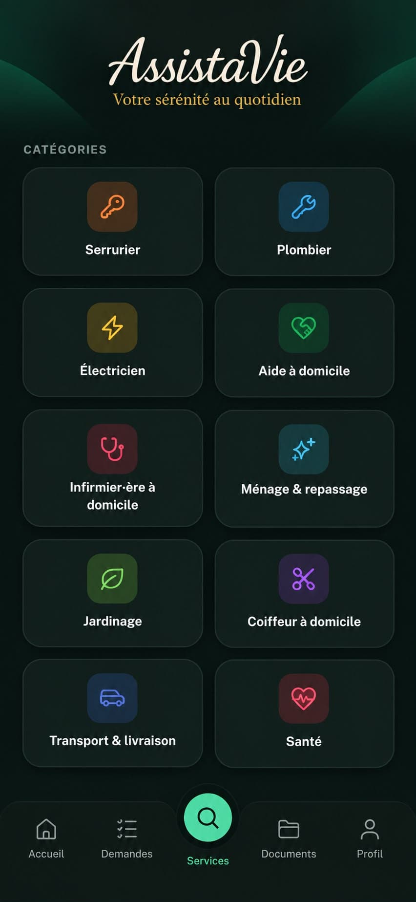 Capture d'écran de l'application AssistaVie — recherche de services